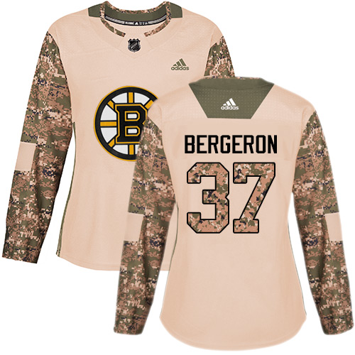 Adidas Bruins #37 Patrice Bergeron Camo Authentic Veterans Day Women's Stitched NHL Jersey - Click Image to Close